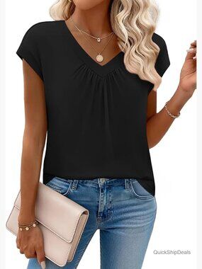 Polyester Blend V-Neck Short Sleeve Blouse Pleated Front Business Casual